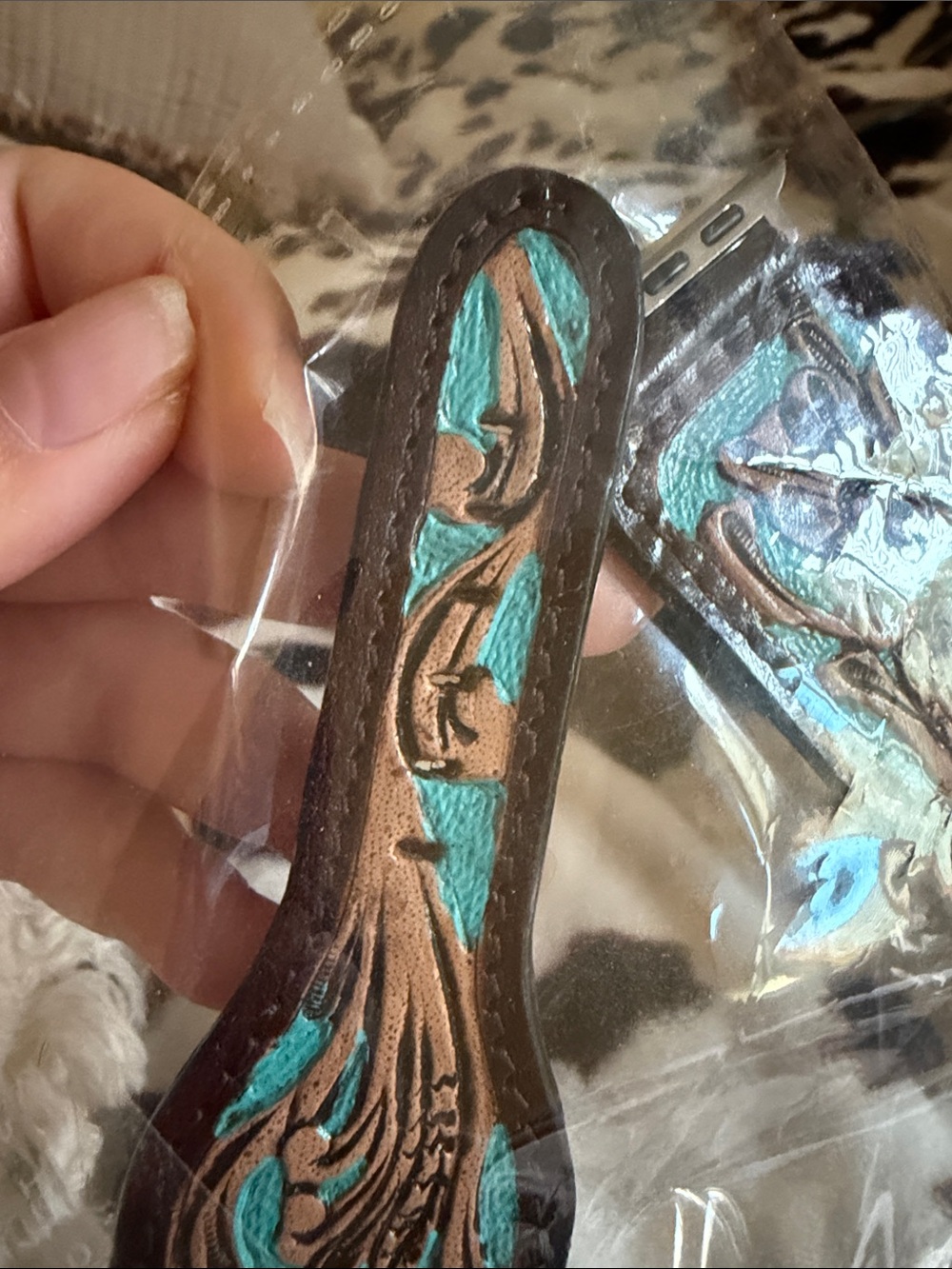 Turquoise and Brown Tooled Leather Apple Watch Band - Picture 2 of 2